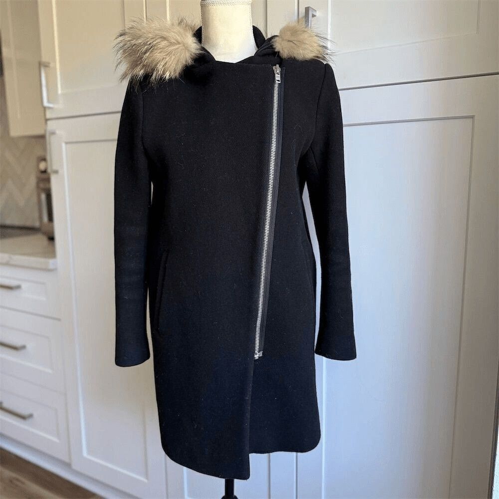 Sandro Paris Women's Black Wool Overcoat Size 40 / 8/M Fur-Trimmed Hood - Picture 1 of 9